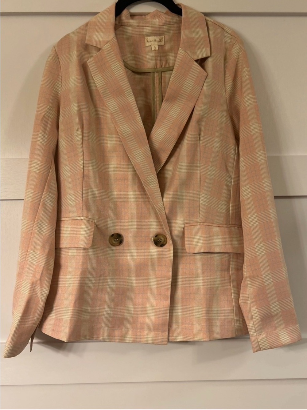 Hem and Thread Peach Plaid Double-Button Blazer